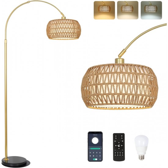 Gold Floor Lamps for Living Room, Arc Floor Lamp with Remote & Dimmable Bulb, Boho Rattan Standing lamp with 3 Color Temperatures, Height Adjustable Tall Lamp for Bedroom, Over Couch Reading Lamp