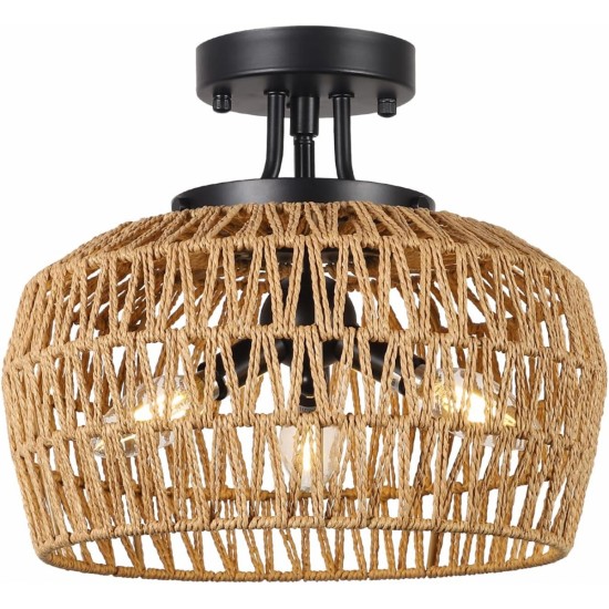 Semi Flush Mount Ceiling Light, Rattan Light Fixture Ceiling Mount with Handmade Wicker Lampshade, 3-Lights Boho Chandelier, Woven Close to Ceiling Light for Bedroom Hallway Living Room Kitchen