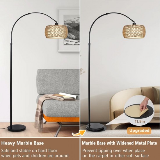 Arc Floor Lamps for Living Room with 3 Color Temperatures, Black Standing Lamp with Remote & Dimmable LED Bulb, Rattan Boho Floor Lamp, Farmhouse Tall Lamp for Bedroom, Over Couch Arched Reading Light