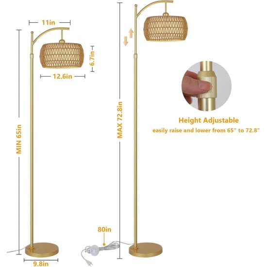 Arc Floor Lamp with 3 Color Temperatures, LED Gold Floor Lamp with Remote & Stepless Dimmable Bulb, Boho Standing Lamp with Rattan & Fabric Shades, Farmhouse Tall Lamp for Living Room Bedroom