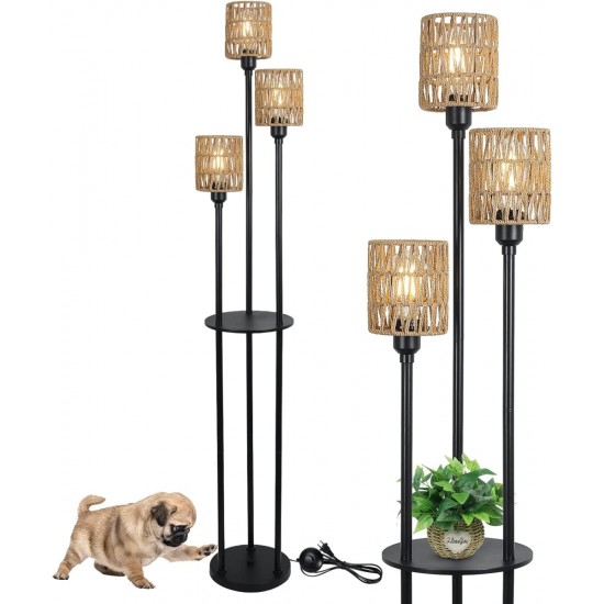 Boho Floor Lamp with Shelves, 3-Lights Farmhouse Tall Floor Lamp with ON/OFF Foot Switch, Rustic Standing Lamp with Rattan Shades for Living Room Bedroom Office