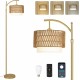 Gold Floor Lamps for Living Room with Remote & Dimmable LED Bulb, Modern Arc Floor Lamp with 3 Color Temperatures, Boho Standing Lamp with Rattan & Fabric Shades, Adjustable Tall Lamp for Bedroom