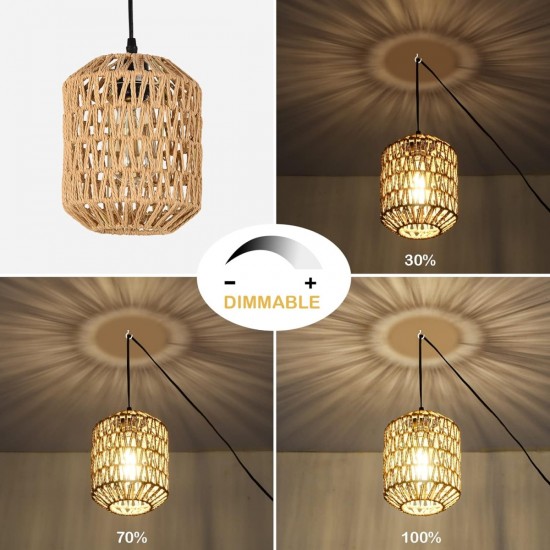 Plug in Pendant Light with LED Bulb, Rattan Hanging Lamp with 16ft Dimmable Cord, Hand Woven Wicker Plug in Chandelier, Boho Hanging Lights Fixture with Plug in Cord for Bedroom Hallway Foyer