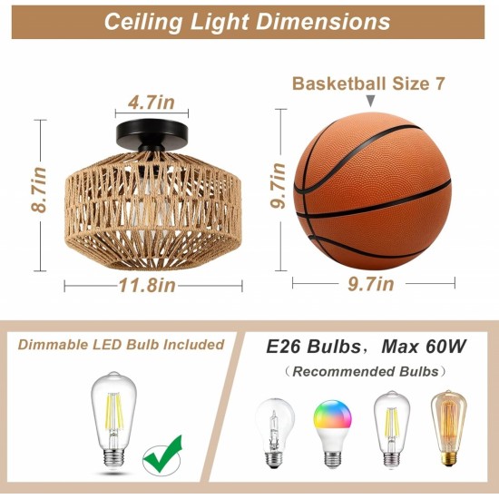 Boho Light Fixtures Ceiling Mount,Mini Rattan Chandelier Light Fixture with Dimmable LED Bulb,Hand Woven Ceiling Light Fixtures Flush Mount for Hallway Bedroom Kitchen Entryway Living Room