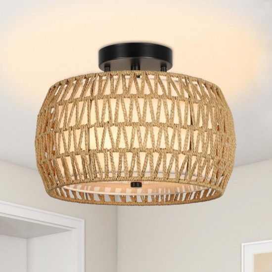 Boho Light Fixtures Ceiling Mount, Rattan Semi Flush Mount Ceiling Light, Farmhouse Light Fixtures with Fabric Shades, Kitchen Close to Ceiling Light Fixtures for Living Room Bedroom Hallway