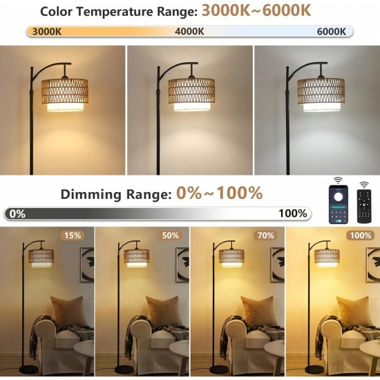 Arc Floor Lamp for Living Room with 3 Color Temperatures, Farmhouse Floor Lamps with Remote & Dimmable Bulb, Boho Standing Lamp with Rattan & Fabric Shades, Adjustable Tall Lamp for Bedroom, Office