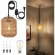 Plug in Pendant Light with LED Bulb, Rattan Hanging Lamp with 16ft Dimmable Cord, Hand Woven Wicker Plug in Chandelier, Boho Hanging Lights Fixture with Plug in Cord for Bedroom Hallway Foyer