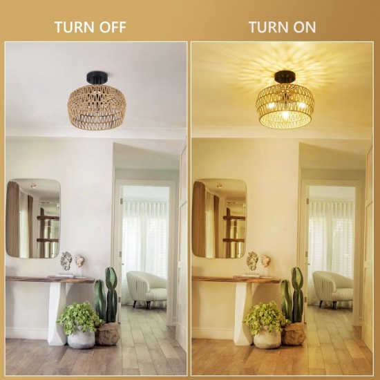 Semi Flush Mount Ceiling Light, Rattan Light Fixture Ceiling Mount with Handmade Wicker Lampshade, 3-Lights Boho Chandelier, Woven Close to Ceiling Light for Bedroom Hallway Living Room Kitchen