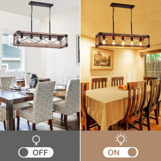 Farmhouse Kitchen Island Lighting, 5-Light Dining Room Light Fixture, Farmhouse Linear Chandelier with Solid Wood for Dining Room Kitchen Bar Pool Table