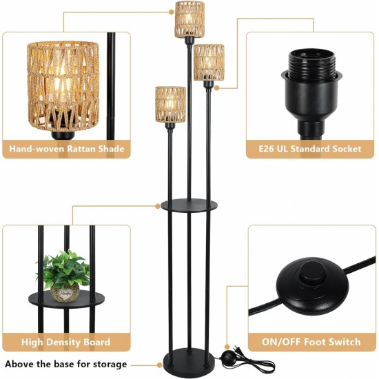 Boho Floor Lamp with Shelves, 3-Lights Farmhouse Tall Floor Lamp with ON/OFF Foot Switch, Rustic Standing Lamp with Rattan Shades for Living Room Bedroom Office