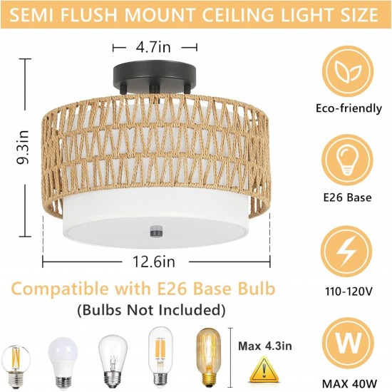 3-Light Semi Flush Mount Ceiling Light Fixture, Boho Rattan Light Fixtures Ceiling, Farmhouse Drum Light with Fabric Shade, Woven Rattan Ceiling Lights for Bedroom Dining Room Foyer Kitchen Hallway