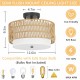 3-Light Semi Flush Mount Ceiling Light Fixture, Boho Rattan Light Fixtures Ceiling, Farmhouse Drum Light with Fabric Shade, Woven Rattan Ceiling Lights for Bedroom Dining Room Foyer Kitchen Hallway