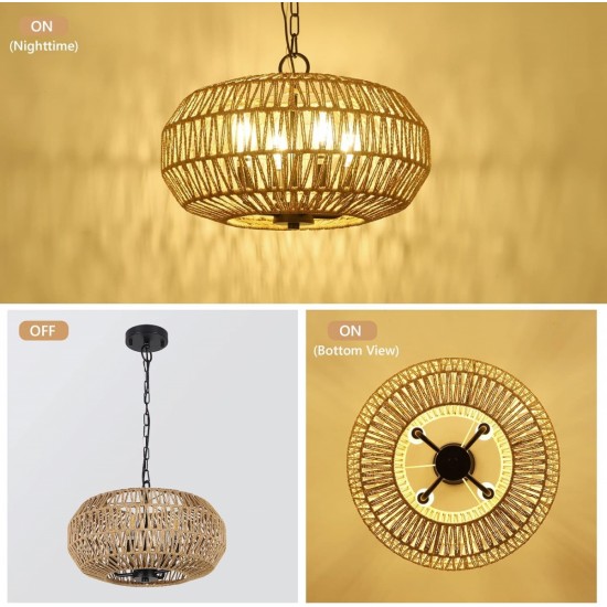 Farmhouse Rattan Pendant Lights, 15.7 Inch 4-Light Boho Chandelier Light Fixture, Wicker Hand Woven Basket Pendant Hanging for Dining Room Living Room Kitchen Island Bedroom Foyer, Height Adjustable