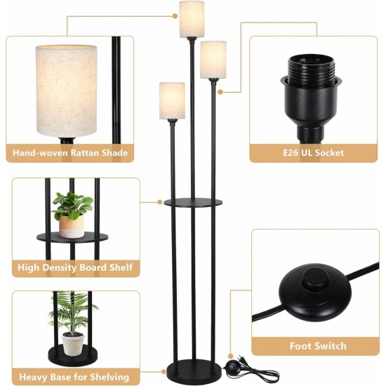 Floor Lamp with Shelves, Modern Floor Lamps for Living Room, 3-Lights Standing Lamp with Linen Shade and Foot Switch, Industrial Standing Lamps for Bedroom, Black Tall Table Lamp for Office