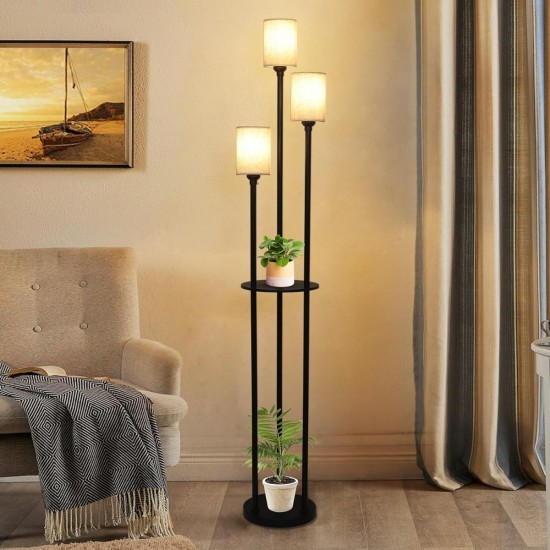 Floor Lamp with Shelves, Modern Floor Lamps for Living Room, 3-Lights Standing Lamp with Linen Shade and Foot Switch, Industrial Standing Lamps for Bedroom, Black Tall Table Lamp for Office