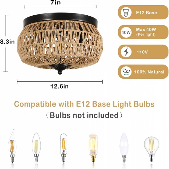 3-Lights Woven Rattan Flush Mount Ceiling Light Fixture with Hand-Worked Cage Shade for Bedroom, Kitchen, Foyer, Porch