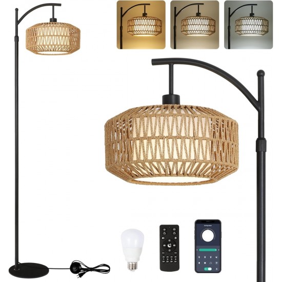 Arc Floor Lamps for Living Room, Dimmable Rattan Floor Lamp with Remote & LED Bulb, Mid Century Modern Standing Lamp with Double Shades, Boho Farmhouse Tall Pole Lamps for Bedroom Office