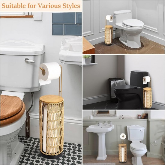 Freestanding Toilet Paper Holder with Storage,3 Rolls of Tissue Holder for Bathroom,Handmade Woven Toilet Paper Roll Holder Stand,Rattan Sturdy Boho Bathroom Decor Farmhouse Toilet Paper Storage