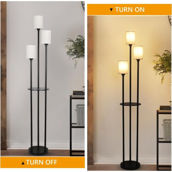 Floor Lamp with Shelves, Modern Floor Lamps for Living Room, 3-Lights Standing Lamp with Linen Shade and Foot Switch, Industrial Standing Lamps for Bedroom, Black Tall Table Lamp for Office