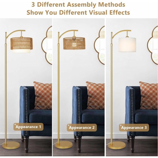 Gold Floor Lamps for Living Room with Remote & Dimmable LED Bulb, Modern Arc Floor Lamp with 3 Color Temperatures, Boho Standing Lamp with Rattan & Fabric Shades, Adjustable Tall Lamp for Bedroom