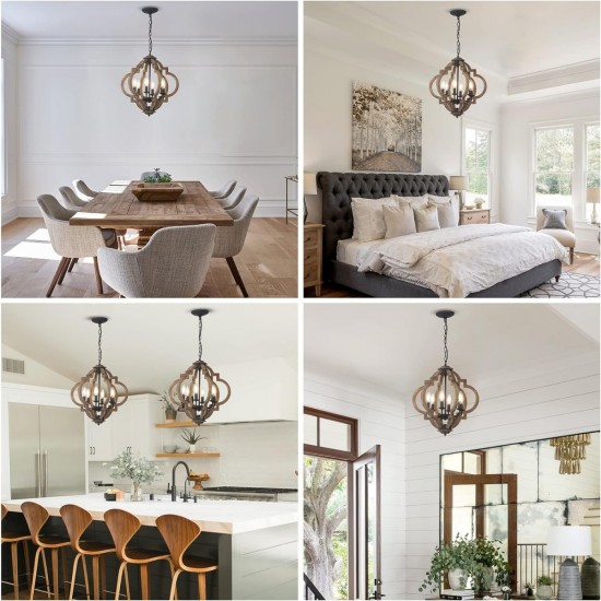 Farmhouse Chandeliers for Dining Room, 6-Light Rustic Dining Room Light Fixture Over Table, Wood Black Hanging Pendant Lights Kitchen Island, Boho Chandelier for Bedrooms Entryway Living Room