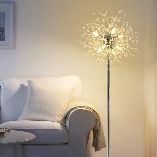 Crystal Floor Lamp for Bedroom, Floor Lamp for Living Room, Elegant Standing Lamp, 69 Inch Tall Pole Lamp, Modern Floor Lamp for Room Decor, 32 Firework Crystal Harnesses Included, Chrome Finish