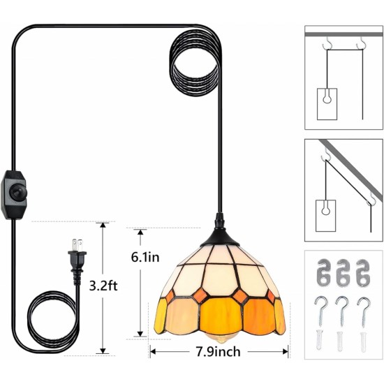 Tiffany Hanging Pendant Light - Dimmable Mini Plug in Light Fixture, Perfect Vintage Swag Ceiling Lamp for Dining Room, Bedroom or Porch,16.4 Ft Hanging Cord, 7.9 Inch Width