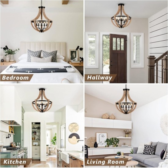 19 Inch Farmhouse Chandelier Light Fixtures, 5-Light Dining Room Light Fixtures Over Table, Solid Wood Modern Chandeliers for Dining Room Living Room Kitchen Island Bedroom Foyer, Height Adjustable, Brown