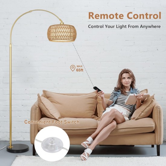 Gold Floor Lamps for Living Room, Arc Floor Lamp with Remote & Dimmable Bulb, Boho Rattan Standing lamp with 3 Color Temperatures, Height Adjustable Tall Lamp for Bedroom, Over Couch Reading Lamp