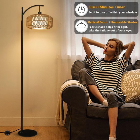 Arc Floor Lamps for Living Room, Dimmable Rattan Floor Lamp with Remote & LED Bulb, Mid Century Modern Standing Lamp with Double Shades, Boho Farmhouse Tall Pole Lamps for Bedroom Office