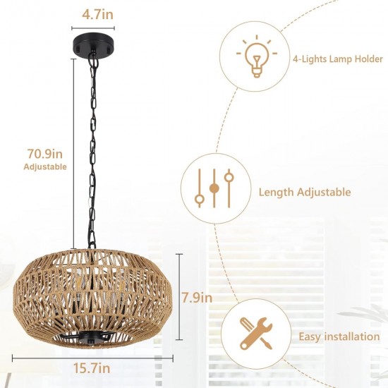 Farmhouse Rattan Pendant Lights, 15.7 Inch 4-Light Boho Chandelier Light Fixture, Wicker Hand Woven Basket Pendant Hanging for Dining Room Living Room Kitchen Island Bedroom Foyer, Height Adjustable