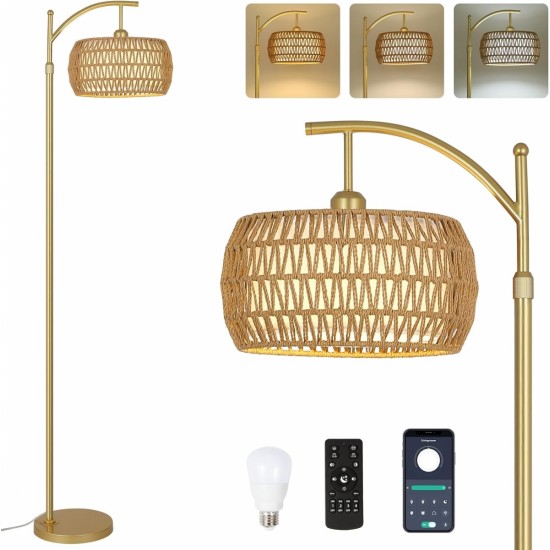 Arc Floor Lamp with 3 Color Temperatures, LED Gold Floor Lamp with Remote & Stepless Dimmable Bulb, Boho Standing Lamp with Rattan & Fabric Shades, Farmhouse Tall Lamp for Living Room Bedroom