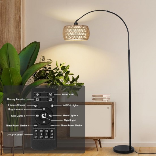 Arc Floor Lamps for Living Room with 3 Color Temperatures, Black Standing Lamp with Remote & Dimmable LED Bulb, Rattan Boho Floor Lamp, Farmhouse Tall Lamp for Bedroom, Over Couch Arched Reading Light