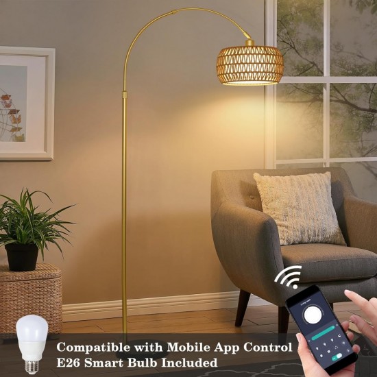 Gold Floor Lamps for Living Room, Arc Floor Lamp with Remote & Dimmable Bulb, Boho Rattan Standing lamp with 3 Color Temperatures, Height Adjustable Tall Lamp for Bedroom, Over Couch Reading Lamp