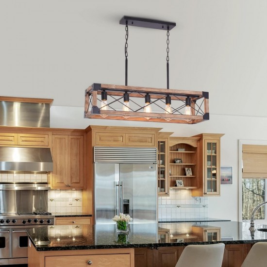 Farmhouse Kitchen Island Lighting, 5-Light Dining Room Light Fixture, Farmhouse Linear Chandelier with Solid Wood for Dining Room Kitchen Bar Pool Table