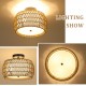 Boho Light Fixtures Ceiling Mount, Rattan Semi Flush Mount Ceiling Light, Farmhouse Light Fixtures with Fabric Shades, Kitchen Close to Ceiling Light Fixtures for Living Room Bedroom Hallway