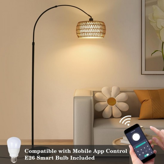 Arc Floor Lamps for Living Room with 3 Color Temperatures, Black Standing Lamp with Remote & Dimmable LED Bulb, Rattan Boho Floor Lamp, Farmhouse Tall Lamp for Bedroom, Over Couch Arched Reading Light