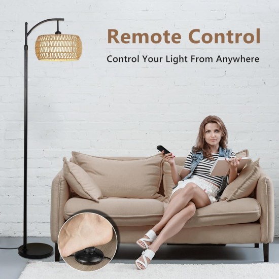 Arc Floor Lamp with Remote Control, Dimmable LED Floor Lamp with 3 Color Temperature, Black Standing Lamp with Rattan & Fabric Double Drum Shade, Boho Farmhouse Tall Pole Lamp for Living Room Bedroom