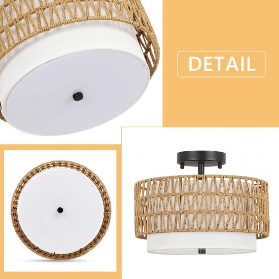 3-Light Semi Flush Mount Ceiling Light Fixture, Boho Rattan Light Fixtures Ceiling, Farmhouse Drum Light with Fabric Shade, Woven Rattan Ceiling Lights for Bedroom Dining Room Foyer Kitchen Hallway