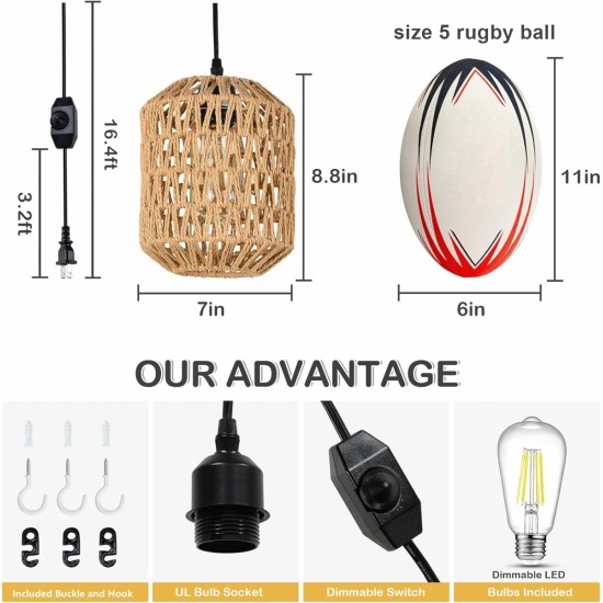 Plug in Pendant Light with LED Bulb, Rattan Hanging Lamp with 16ft Dimmable Cord, Hand Woven Wicker Plug in Chandelier, Boho Hanging Lights Fixture with Plug in Cord for Bedroom Hallway Foyer