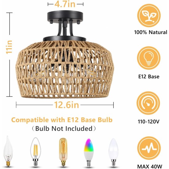 Semi Flush Mount Ceiling Light, Rattan Light Fixture Ceiling Mount with Handmade Wicker Lampshade, 3-Lights Boho Chandelier, Woven Close to Ceiling Light for Bedroom Hallway Living Room Kitchen