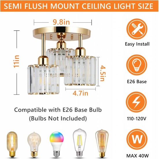 Modern Semi Flush Mount Ceiling Light,3-Light Crystal Close to Ceiling Light Fixtures,Golden Kitchen Light Fixtures with Clear Crystal Shade,Hallway Light Fixtures for Hallway Bedroom Bathroom