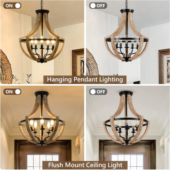 19 Inch Farmhouse Chandelier Light Fixtures, 5-Light Dining Room Light Fixtures Over Table, Solid Wood Modern Chandeliers for Dining Room Living Room Kitchen Island Bedroom Foyer, Height Adjustable, Brown