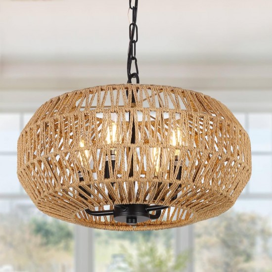 Farmhouse Rattan Pendant Lights, 15.7 Inch 4-Light Boho Chandelier Light Fixture, Wicker Hand Woven Basket Pendant Hanging for Dining Room Living Room Kitchen Island Bedroom Foyer, Height Adjustable