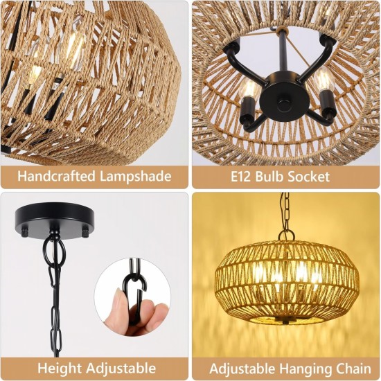 Farmhouse Rattan Pendant Lights, 15.7 Inch 4-Light Boho Chandelier Light Fixture, Wicker Hand Woven Basket Pendant Hanging for Dining Room Living Room Kitchen Island Bedroom Foyer, Height Adjustable