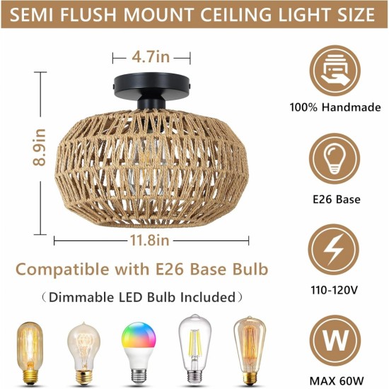 Rattan Light Fixtures Ceiling Mount,Boho Ceiling Light Fixture with Dimmable LED Bulb?Mini Hand Woven Rattan Chandelier Light Fixtures Ceiling for Bedroom Kitchen Entryway Living Room Hallway