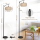 Arc Floor Lamp with Remote Control, Dimmable LED Floor Lamp with 3 Color Temperature, Black Standing Lamp with Rattan & Fabric Double Drum Shade, Boho Farmhouse Tall Pole Lamp for Living Room Bedroom