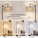 Arc Floor Lamp with Remote Control, Dimmable LED Floor Lamp with 3 Color Temperature, Black Standing Lamp with Rattan & Fabric Double Drum Shade, Boho Farmhouse Tall Pole Lamp for Living Room Bedroom