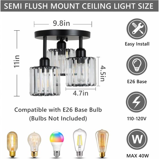 Crystal Semi Flush Mount Ceiling Light,3-Light Modern Close to Ceiling Light Fixtures,Black Kitchen Light Fixtures with Clear Crystal Shade,Hallway Light Fixtures for Hallway Bedroom Bathroom