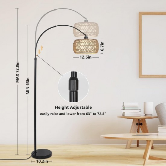 Arc Floor Lamps for Living Room with 3 Color Temperatures, Black Standing Lamp with Remote & Dimmable LED Bulb, Rattan Boho Floor Lamp, Farmhouse Tall Lamp for Bedroom, Over Couch Arched Reading Light